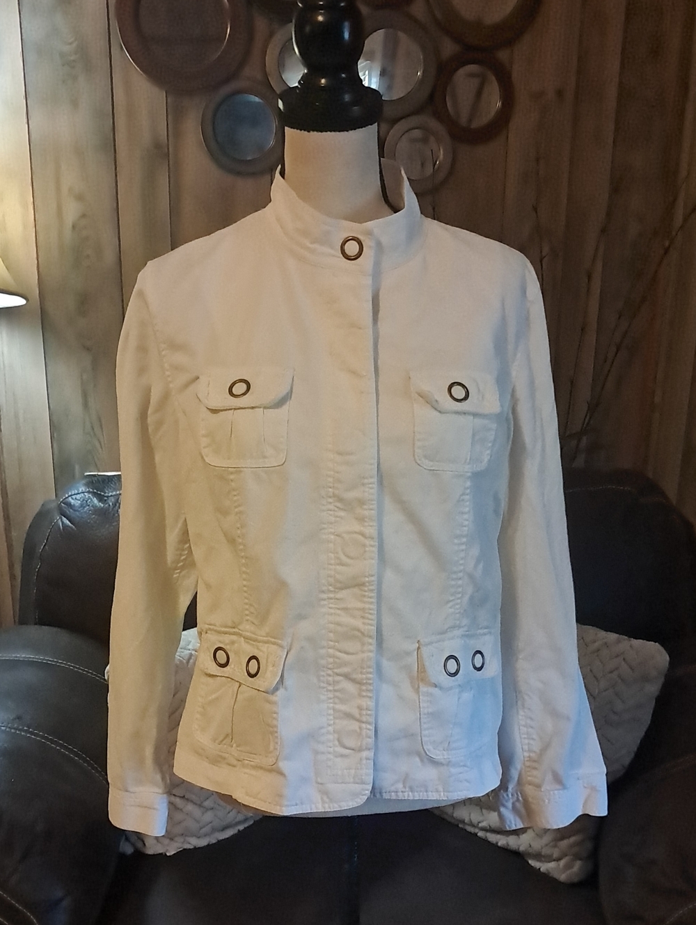 Chico's Military-Style Jacket Mock Neck Snap-Button Grommet Utility